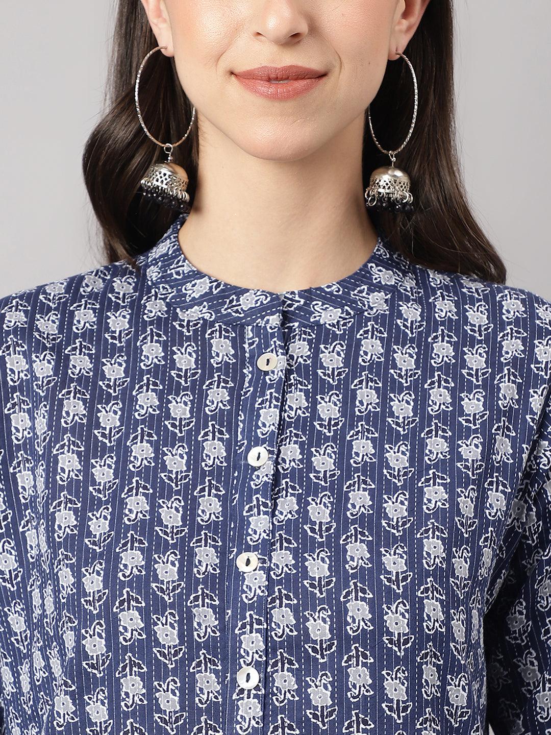 Blue And Gray Cotton Katha Work Straight Kurta | LASVINI - Redefining Indian Fashion with Elegance