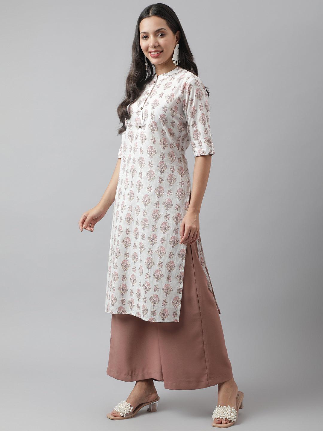 White & Pink Floral Printed Straight Kurta | LASVINI - Redefining Indian Fashion with Elegance