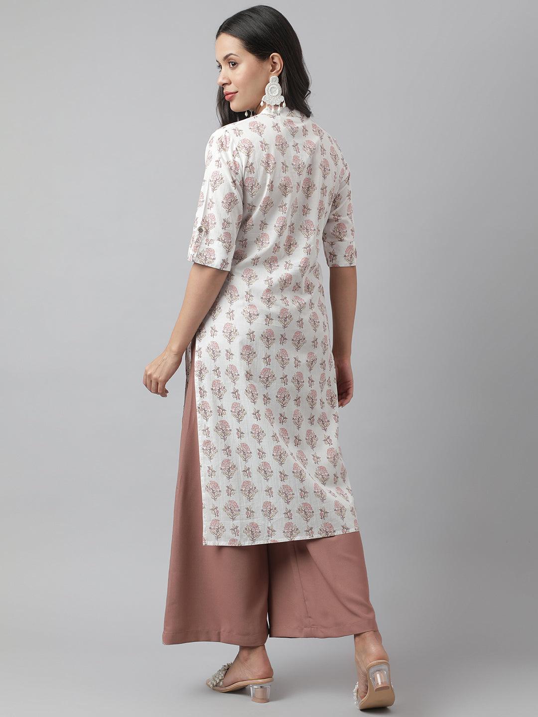 White & Pink Floral Printed Straight Kurta | LASVINI - Redefining Indian Fashion with Elegance