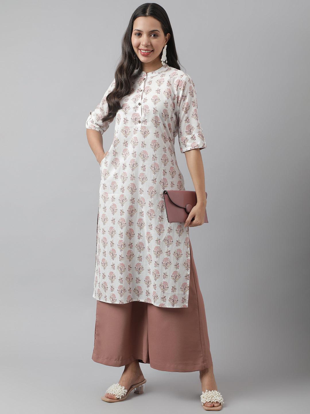 White & Pink Floral Printed Straight Kurta | LASVINI - Redefining Indian Fashion with Elegance