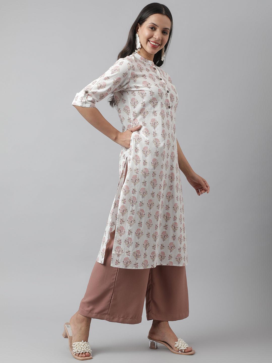 White & Pink Floral Printed Straight Kurta | LASVINI - Redefining Indian Fashion with Elegance