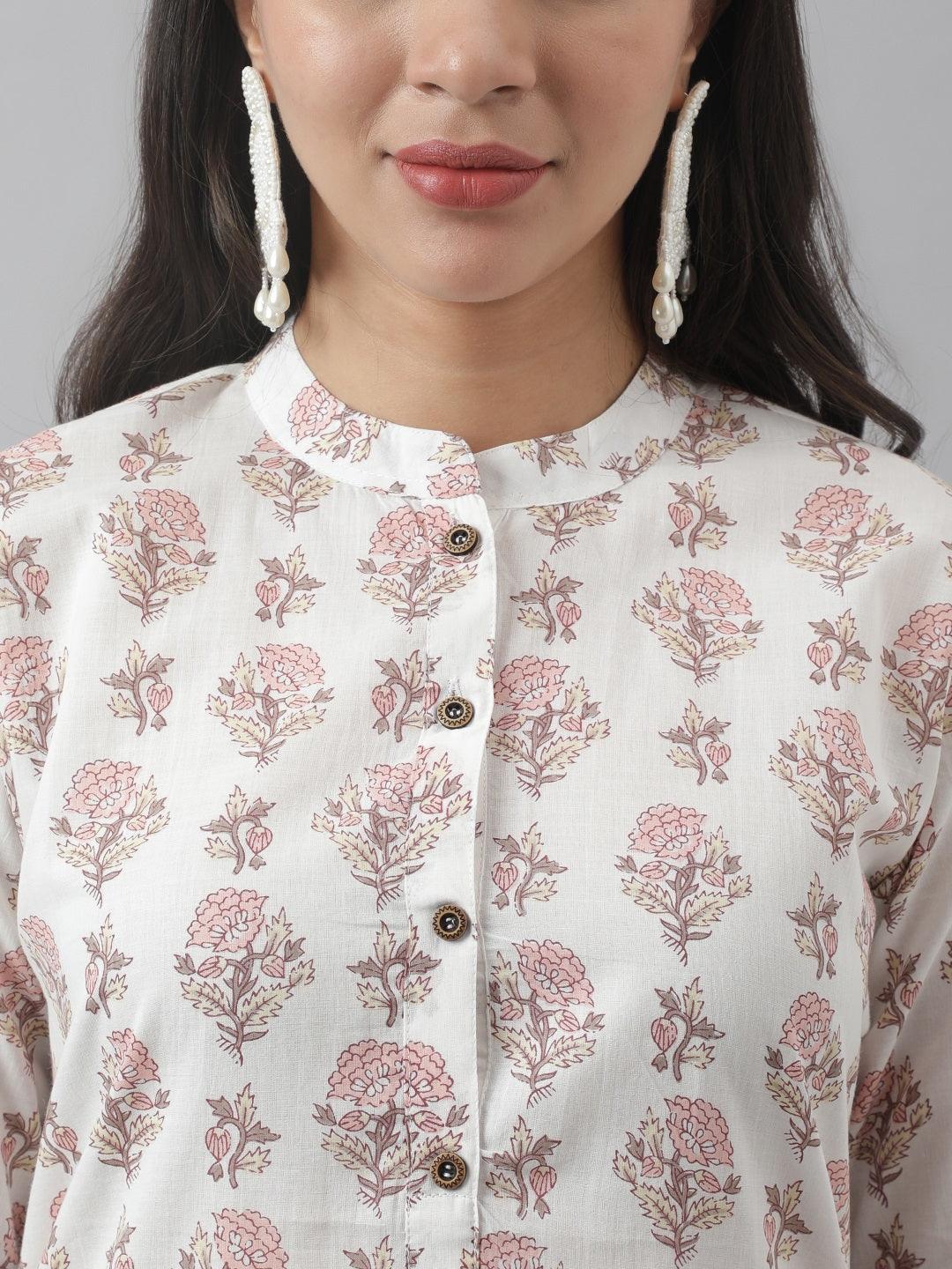 White & Pink Floral Printed Straight Kurta | LASVINI - Redefining Indian Fashion with Elegance