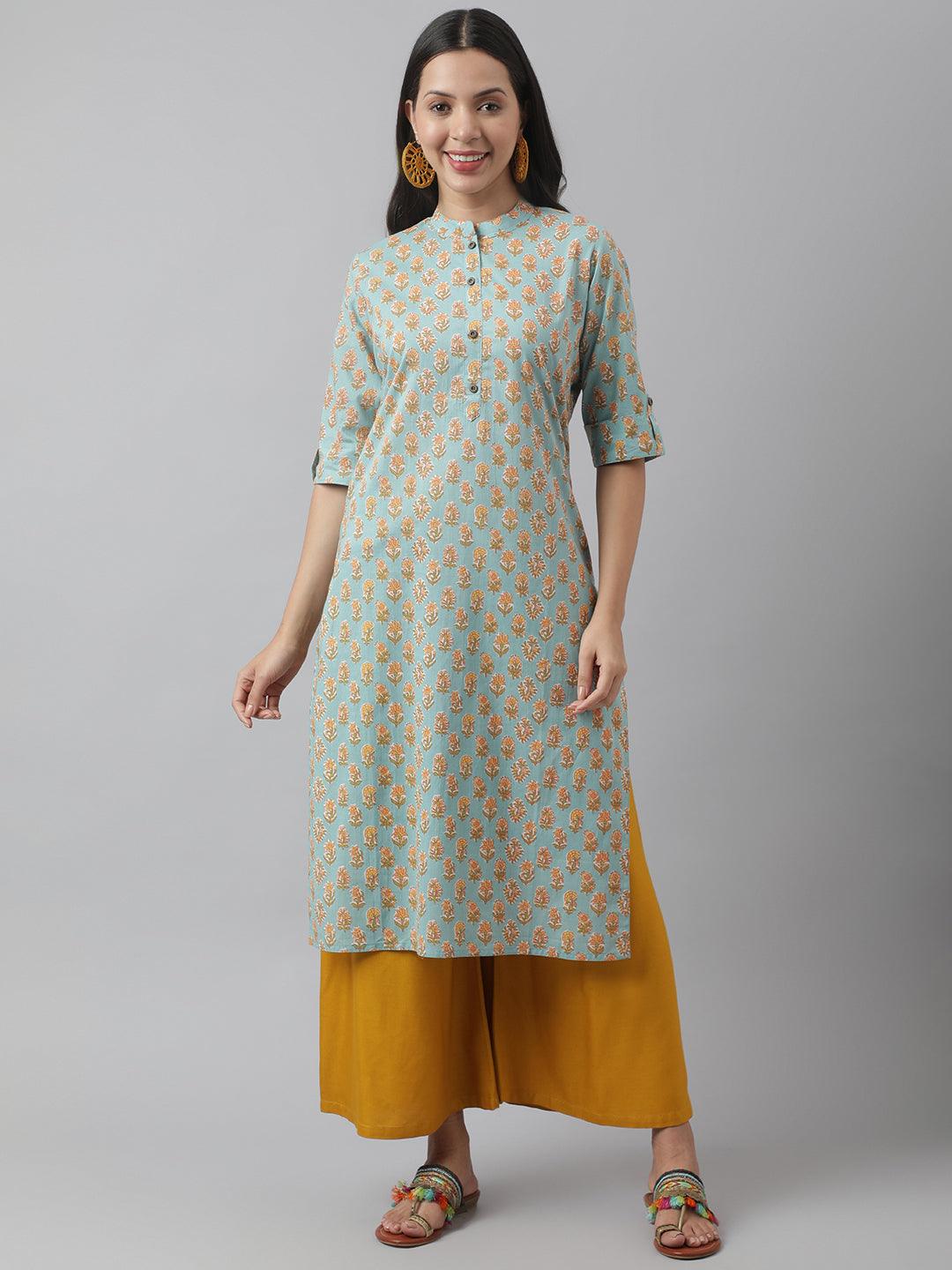 Seagreen & Yellow Floral Printed Straight Kurta | LASVINI - Redefining Indian Fashion with Elegance