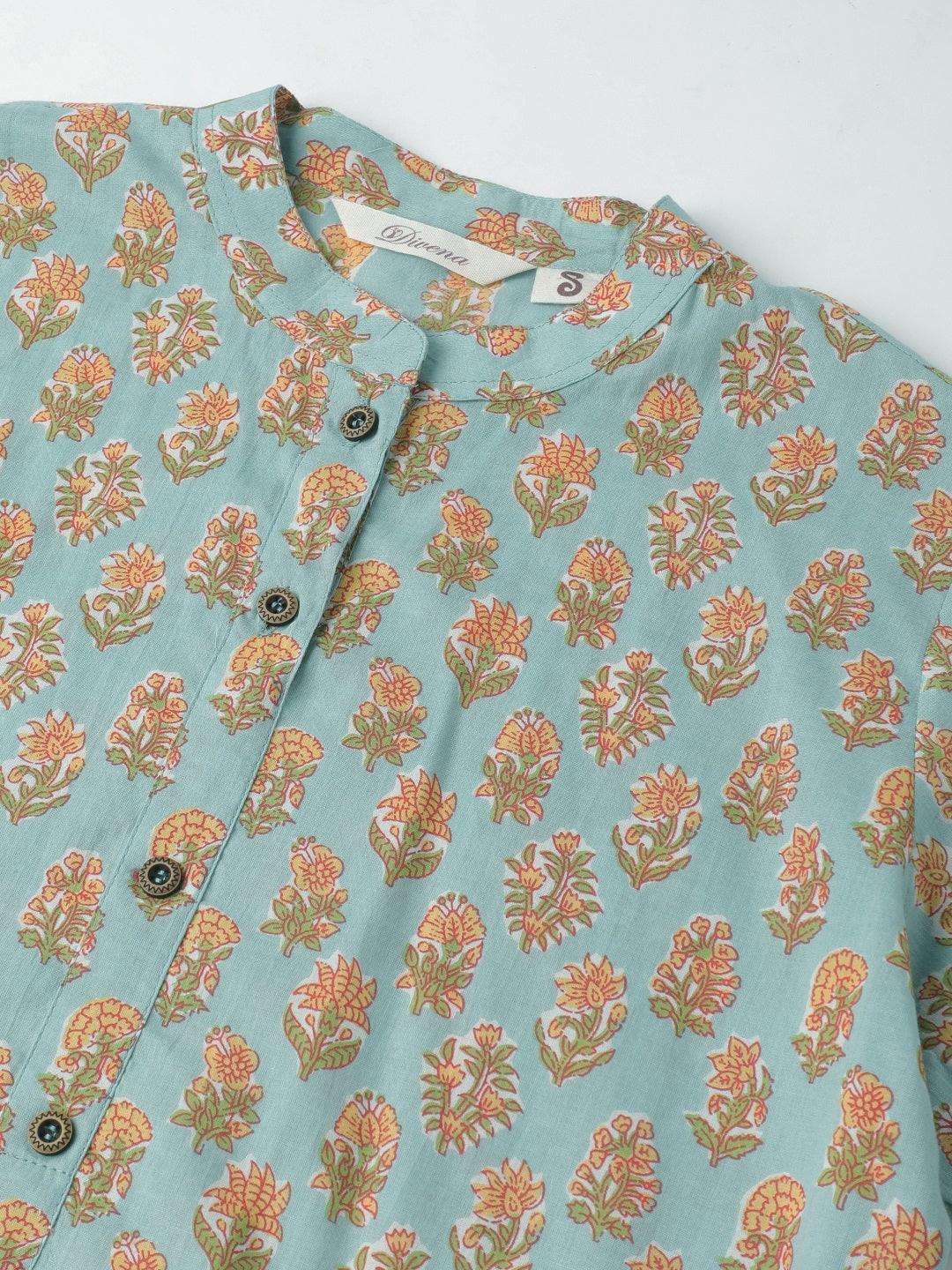 Seagreen & Yellow Floral Printed Straight Kurta | LASVINI - Redefining Indian Fashion with Elegance