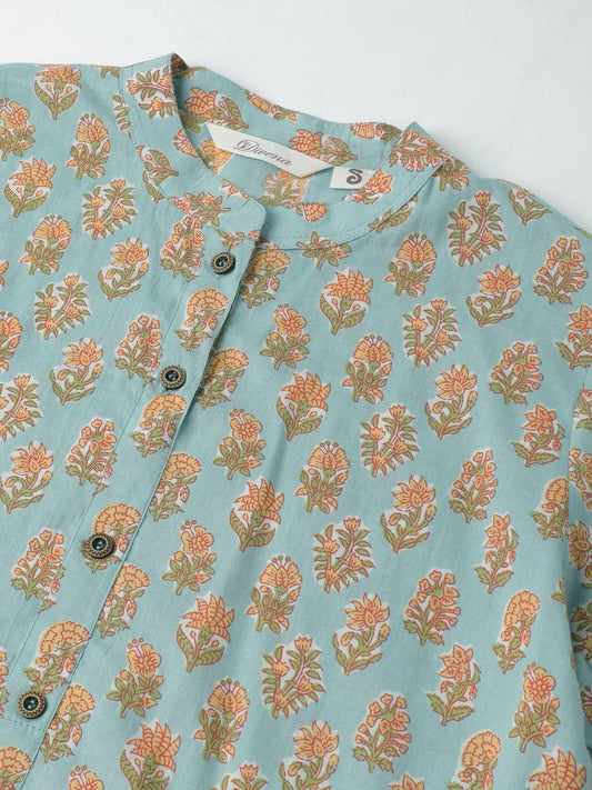 Seagreen & Yellow Floral Printed Straight Kurta | LASVINI - Redefining Indian Fashion with Elegance