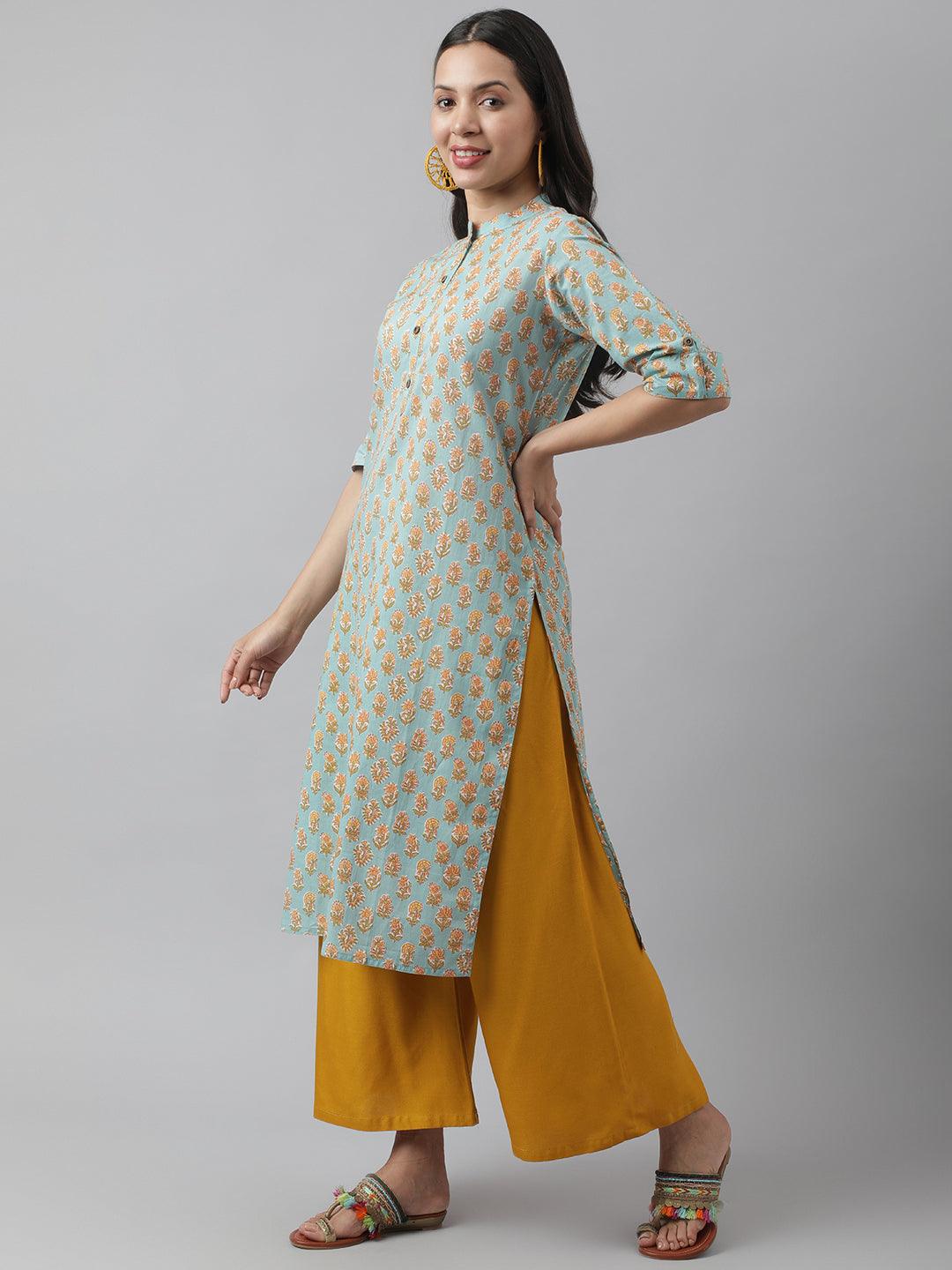 Seagreen & Yellow Floral Printed Straight Kurta | LASVINI - Redefining Indian Fashion with Elegance