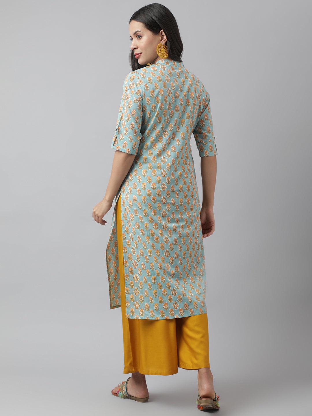 Seagreen & Yellow Floral Printed Straight Kurta | LASVINI - Redefining Indian Fashion with Elegance