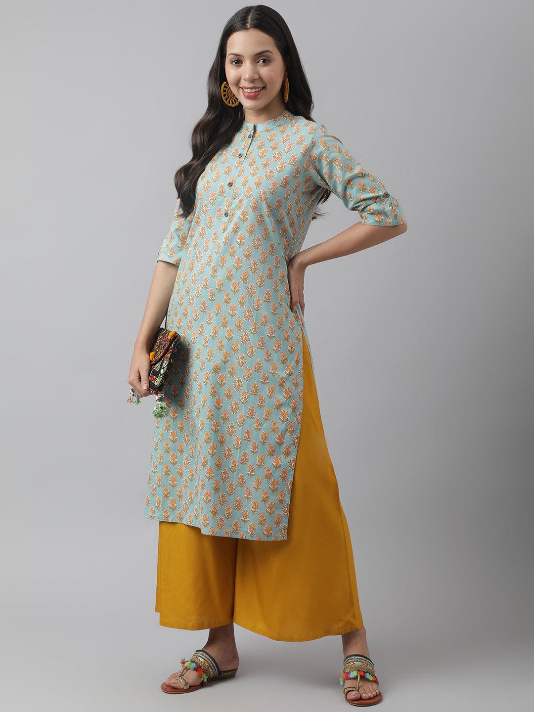 Seagreen & Yellow Floral Printed Straight Kurta | LASVINI - Redefining Indian Fashion with Elegance