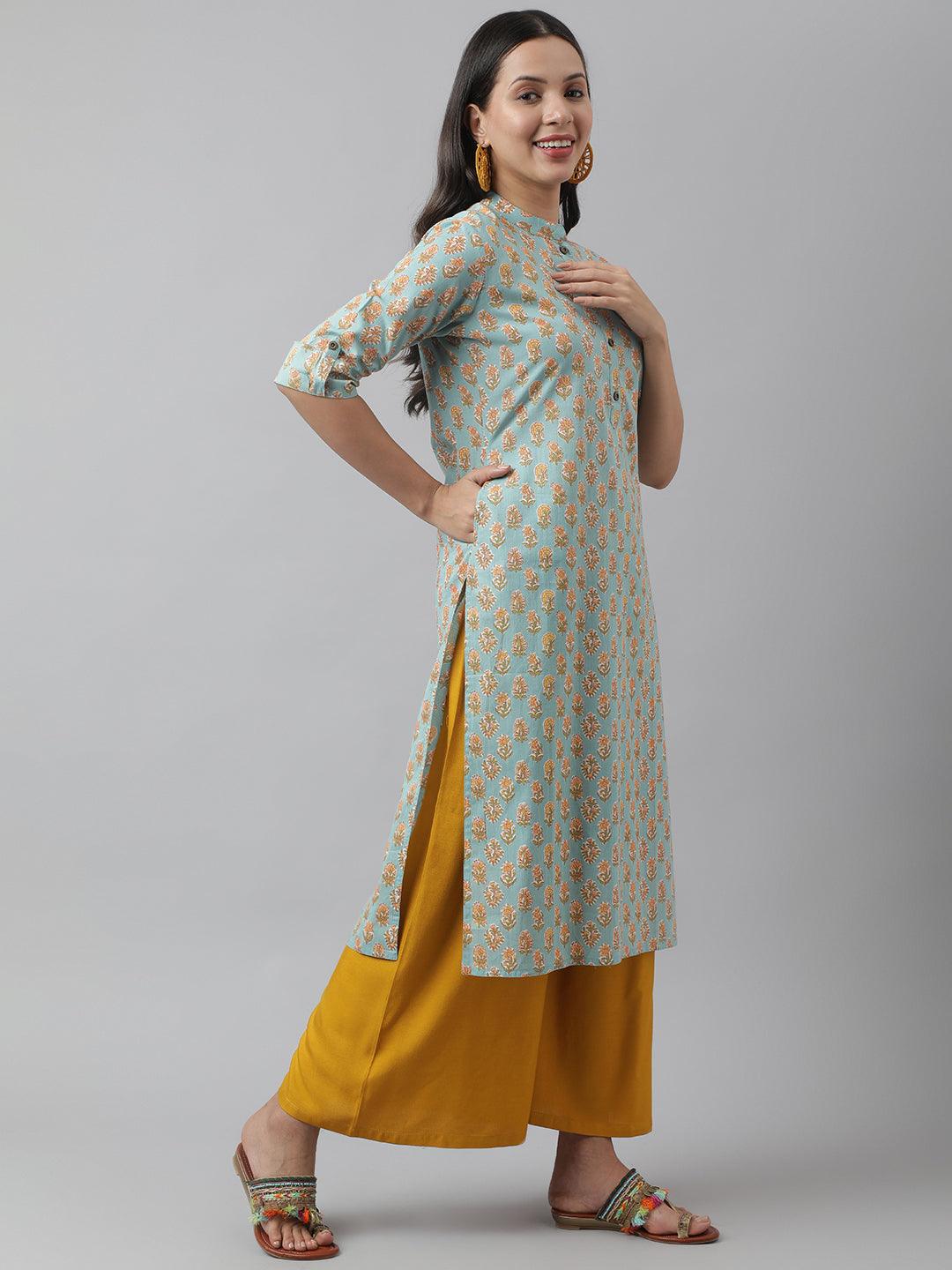 Seagreen & Yellow Floral Printed Straight Kurta | LASVINI - Redefining Indian Fashion with Elegance