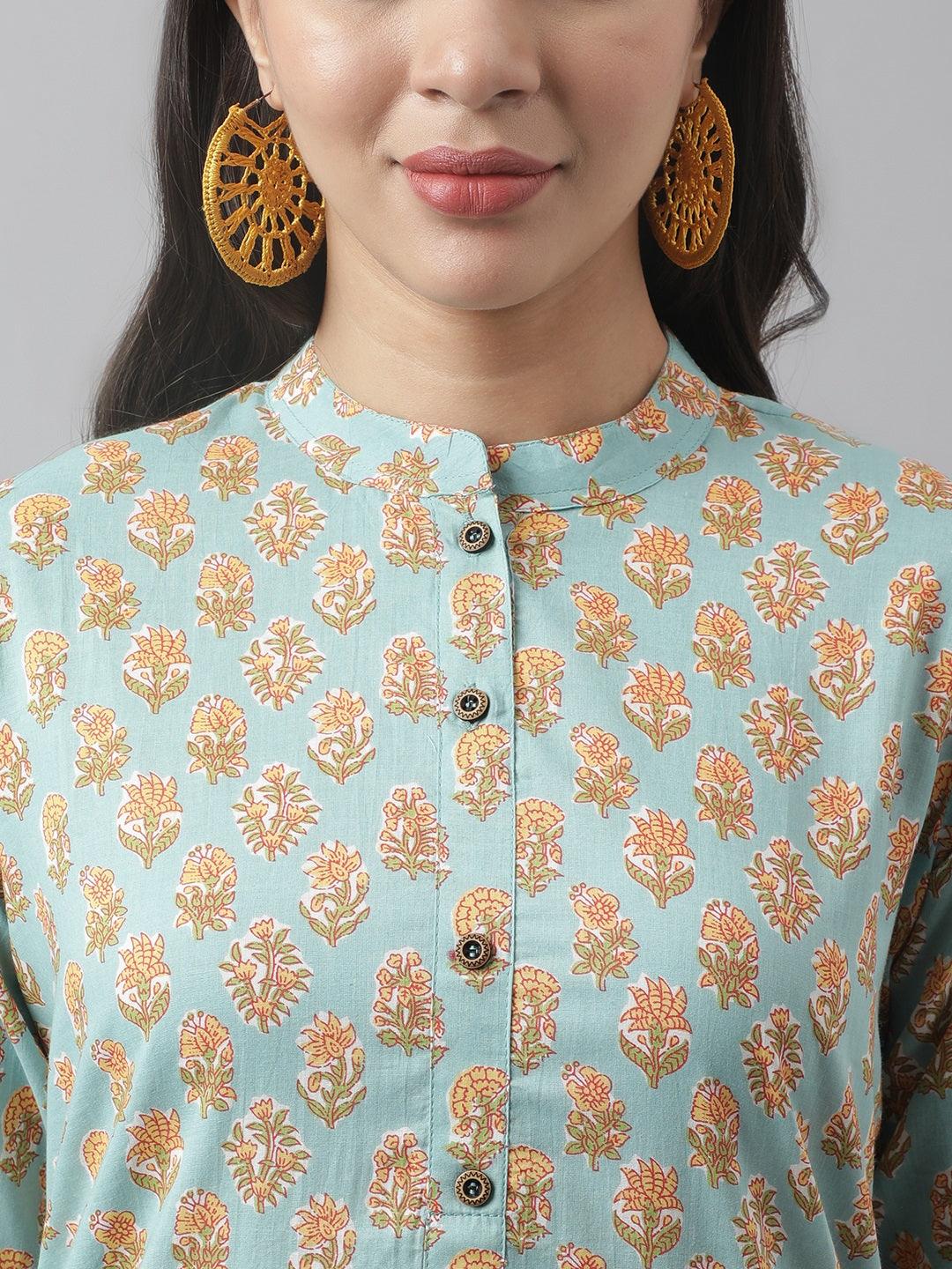 Seagreen & Yellow Floral Printed Straight Kurta | LASVINI - Redefining Indian Fashion with Elegance