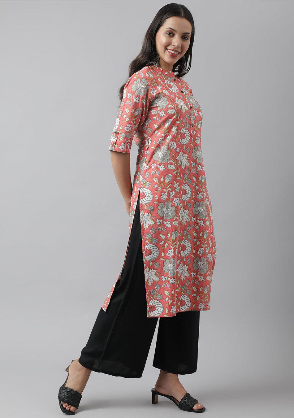 Pink & Multi Floral Printed Straight Kurta | LASVINI - Redefining Indian Fashion with Elegance