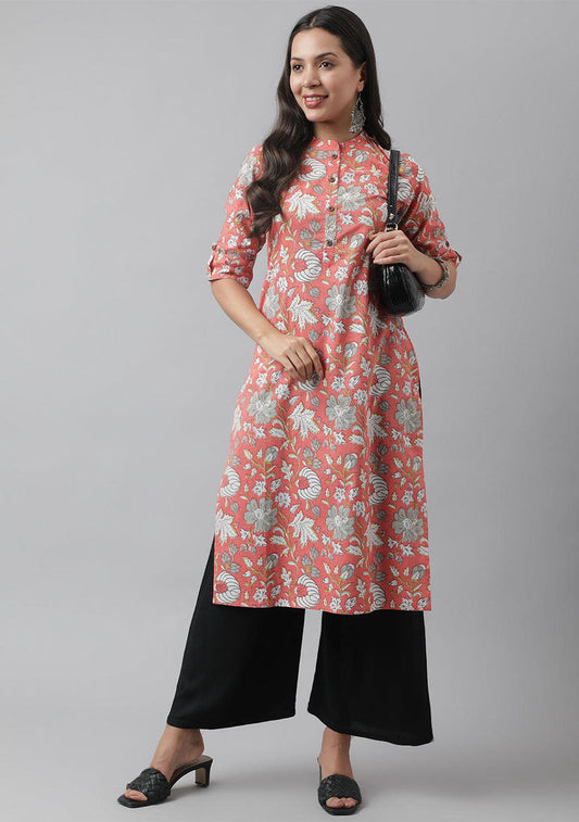 Pink & Multi Floral Printed Straight Kurta | LASVINI - Redefining Indian Fashion with Elegance