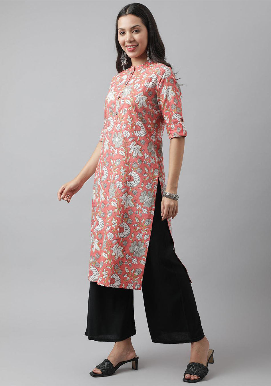 Pink & Multi Floral Printed Straight Kurta | LASVINI - Redefining Indian Fashion with Elegance