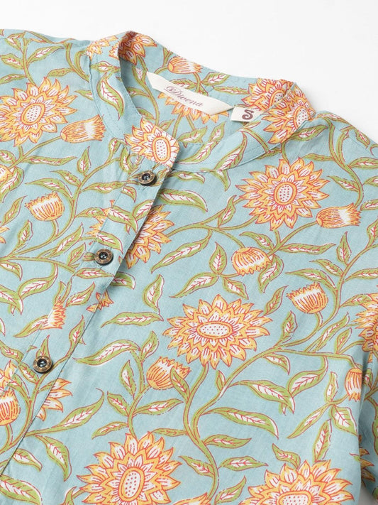 Sea Green Floral Printed Straight Kurta | LASVINI - Redefining Indian Fashion with Elegance