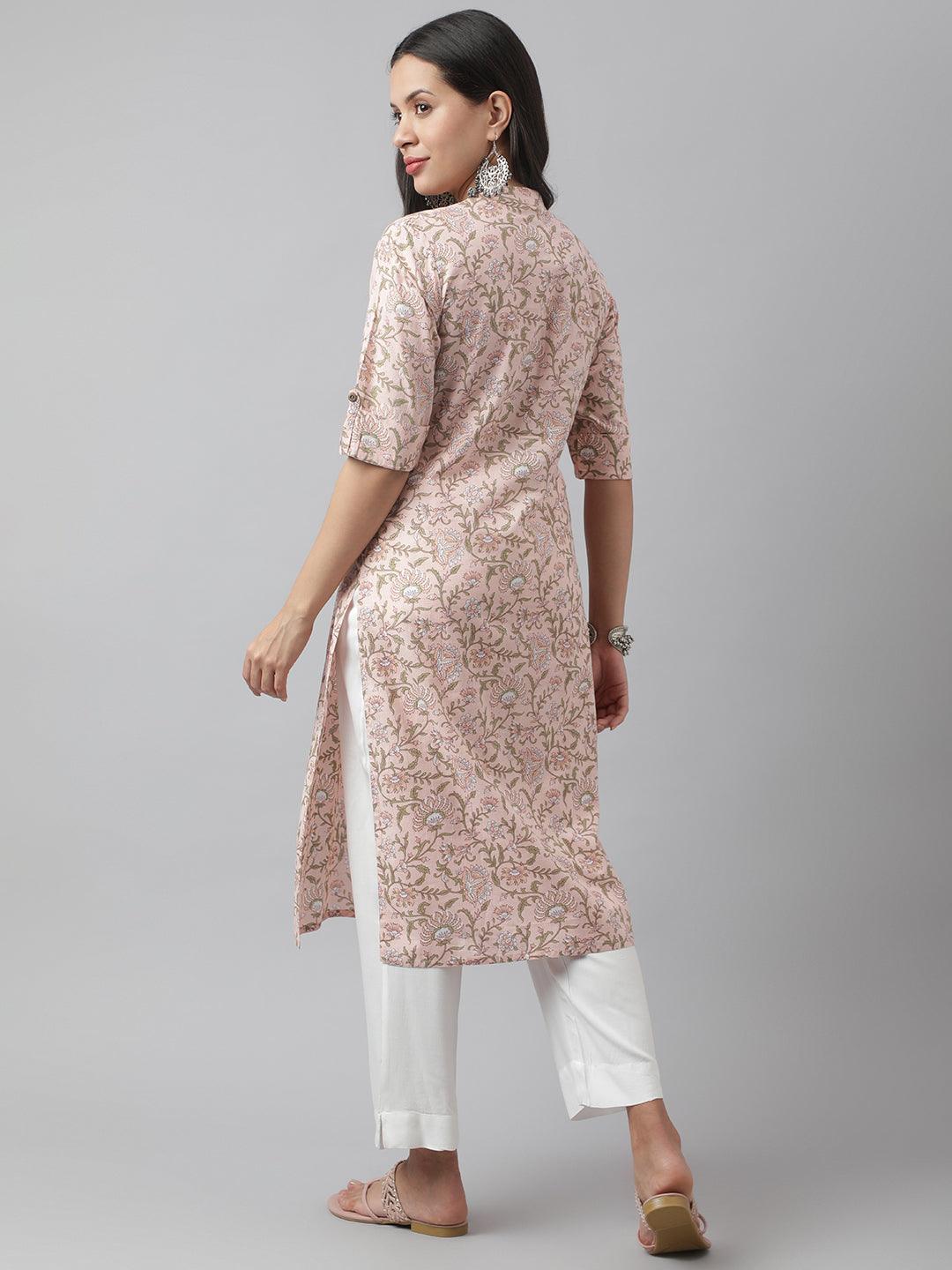 Baby Pink Floral Printed Straight Kurta | LASVINI - Redefining Indian Fashion with Elegance