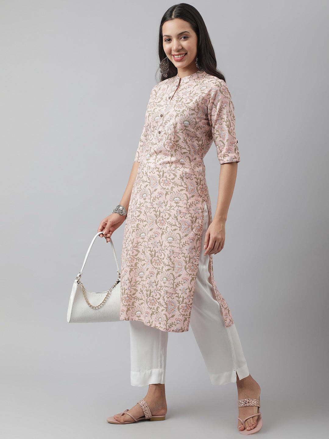 Baby Pink Floral Printed Straight Kurta | LASVINI - Redefining Indian Fashion with Elegance