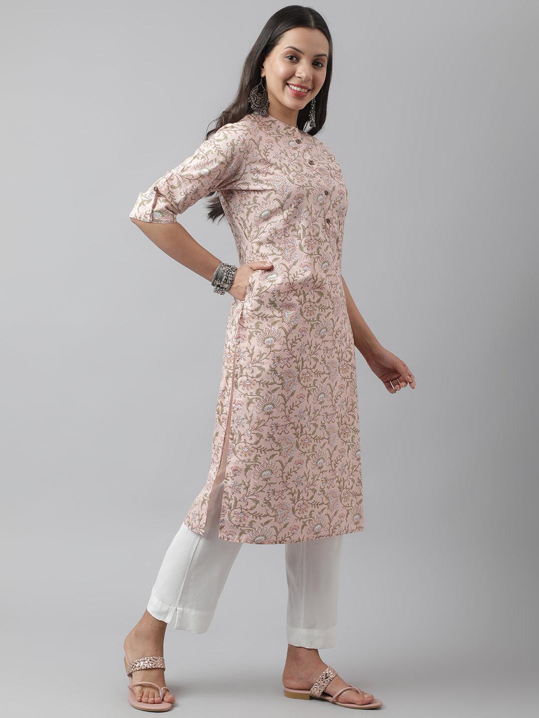 Baby Pink Floral Printed Straight Kurta | LASVINI - Redefining Indian Fashion with Elegance