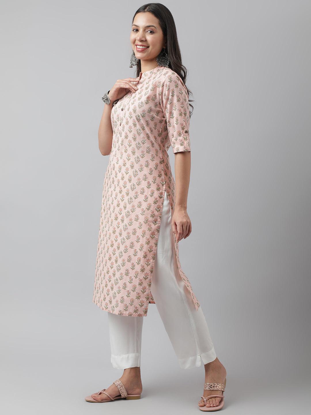 Soft Pink Floral Printed Straight Kurta | LASVINI - Redefining Indian Fashion with Elegance