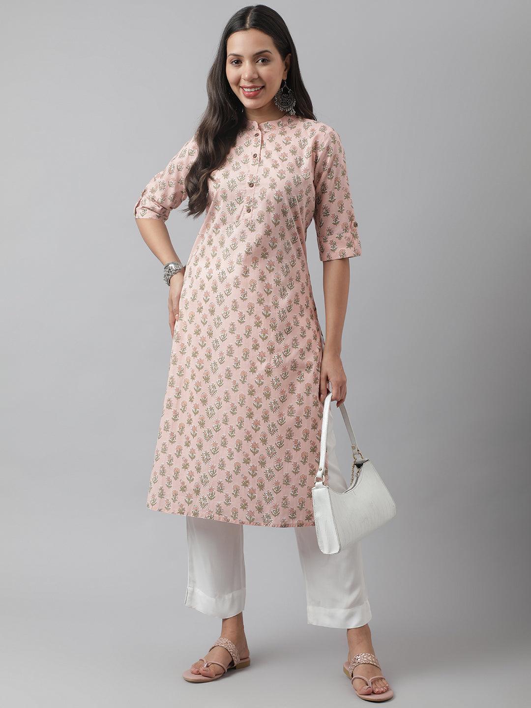 Soft Pink Floral Printed Straight Kurta | LASVINI - Redefining Indian Fashion with Elegance