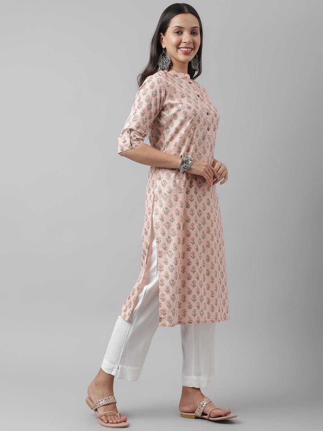 Soft Pink Floral Printed Straight Kurta | LASVINI - Redefining Indian Fashion with Elegance