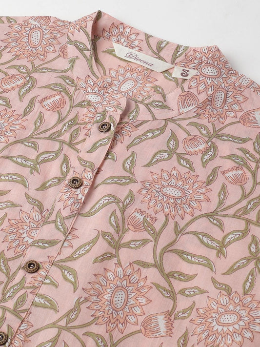 Baby Pink & Green Floral Printed Straight Kurta | LASVINI - Redefining Indian Fashion with Elegance