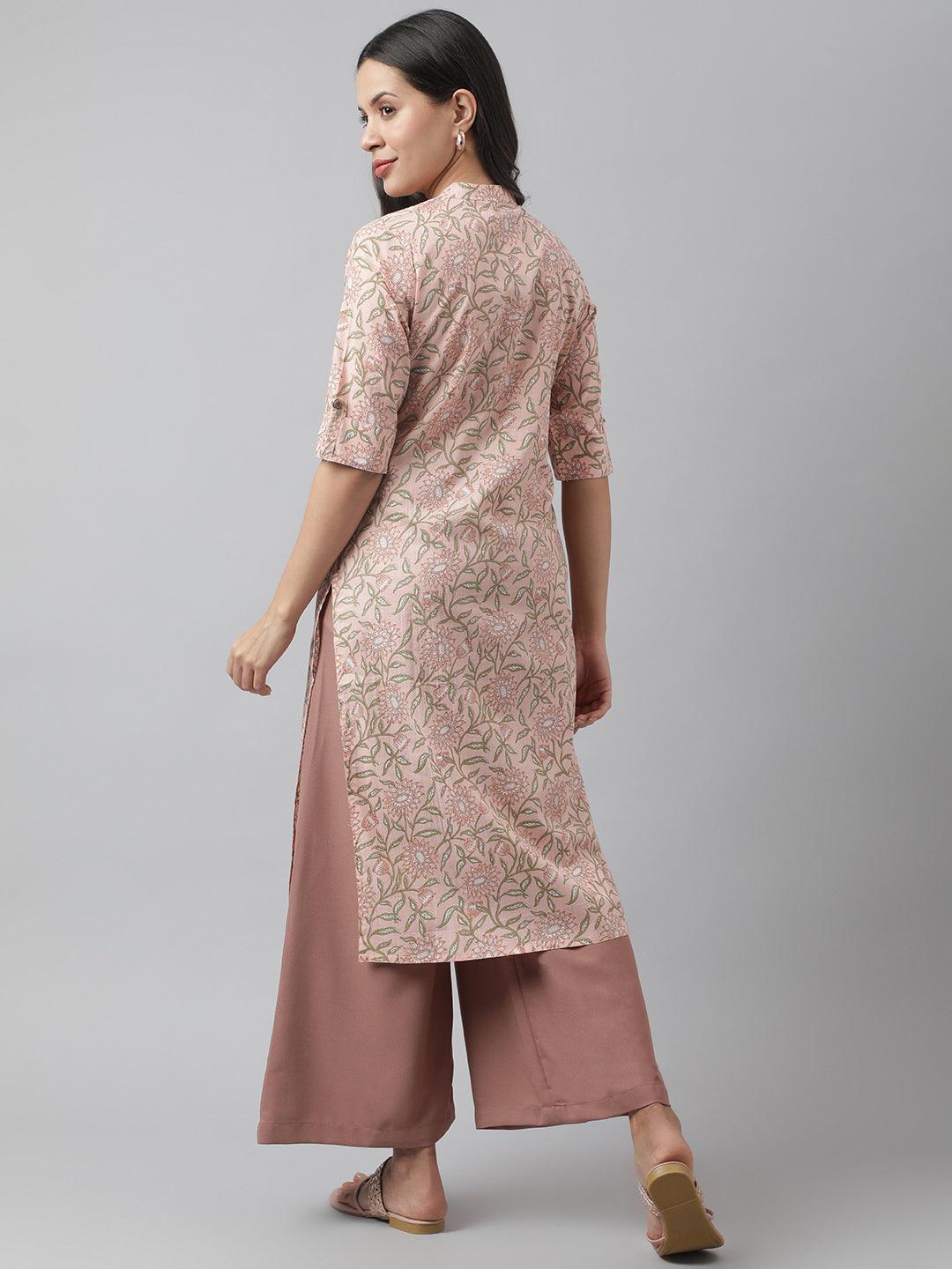 Baby Pink & Green Floral Printed Straight Kurta | LASVINI - Redefining Indian Fashion with Elegance