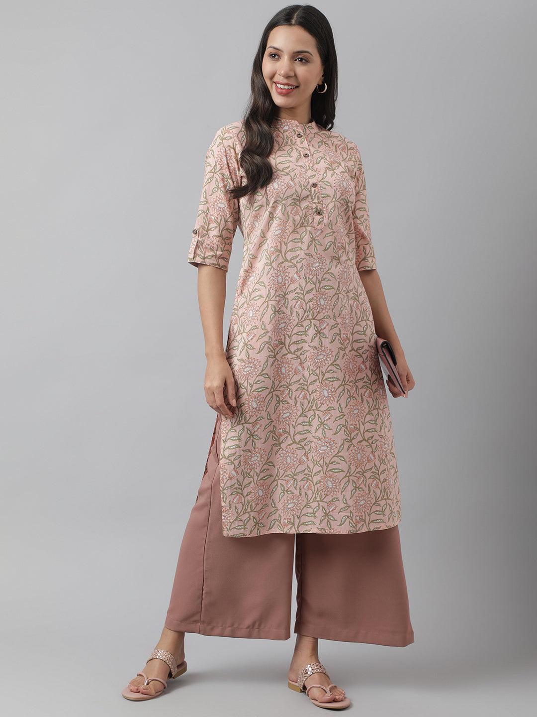 Baby Pink & Green Floral Printed Straight Kurta | LASVINI - Redefining Indian Fashion with Elegance