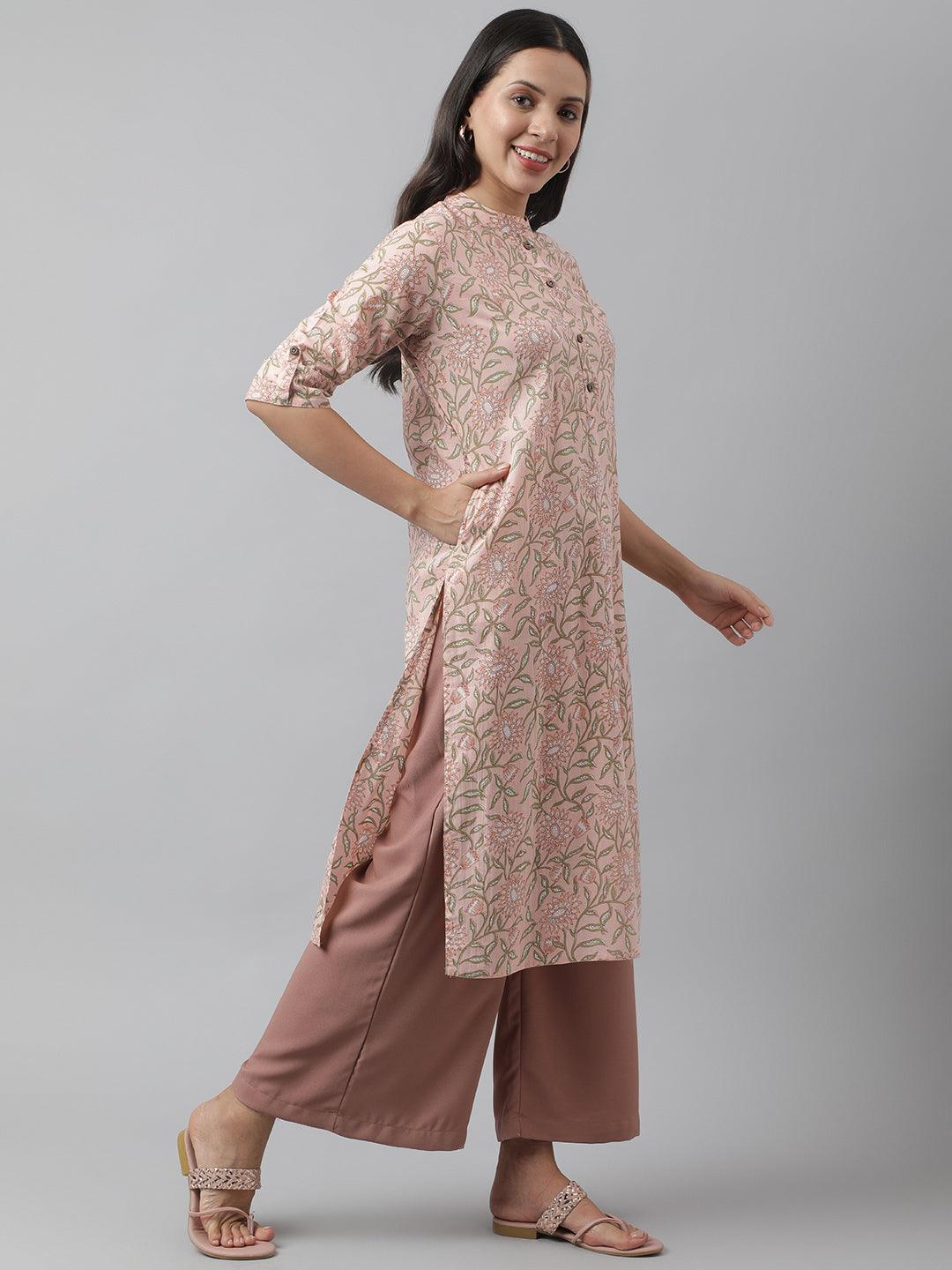 Baby Pink & Green Floral Printed Straight Kurta | LASVINI - Redefining Indian Fashion with Elegance