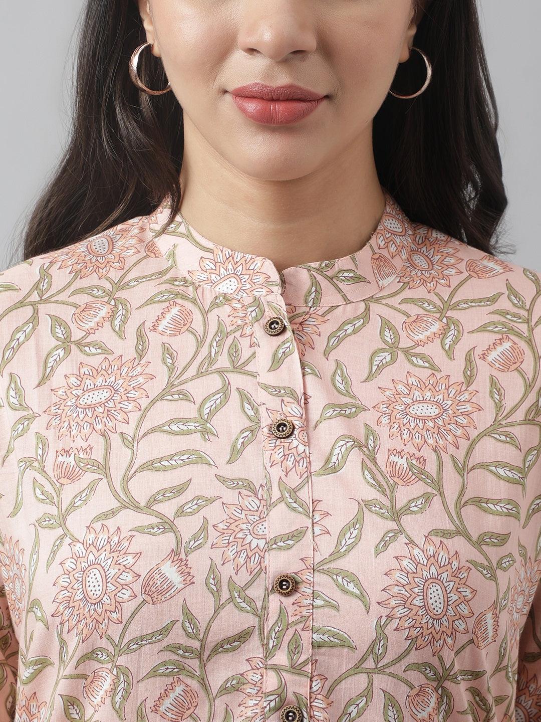 Baby Pink & Green Floral Printed Straight Kurta | LASVINI - Redefining Indian Fashion with Elegance