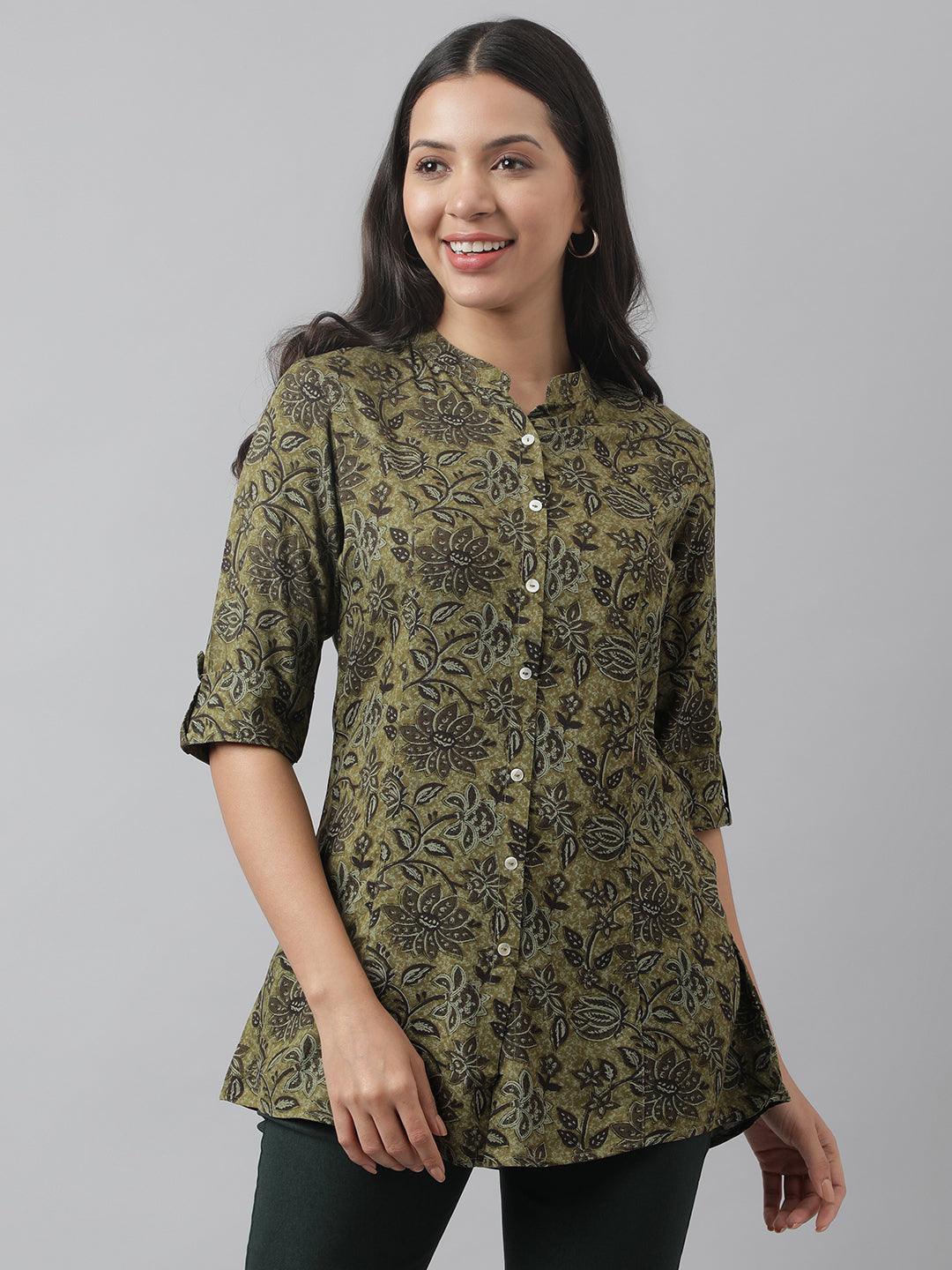 Olive Green Floral Printed Rayon A-Line Shirt Style Top | LASVINI - Redefining Indian Fashion with Elegance