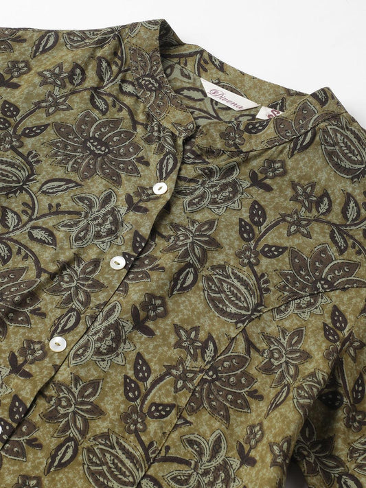 Olive Green Floral Printed Rayon A-Line Shirt Style Top | LASVINI - Redefining Indian Fashion with Elegance