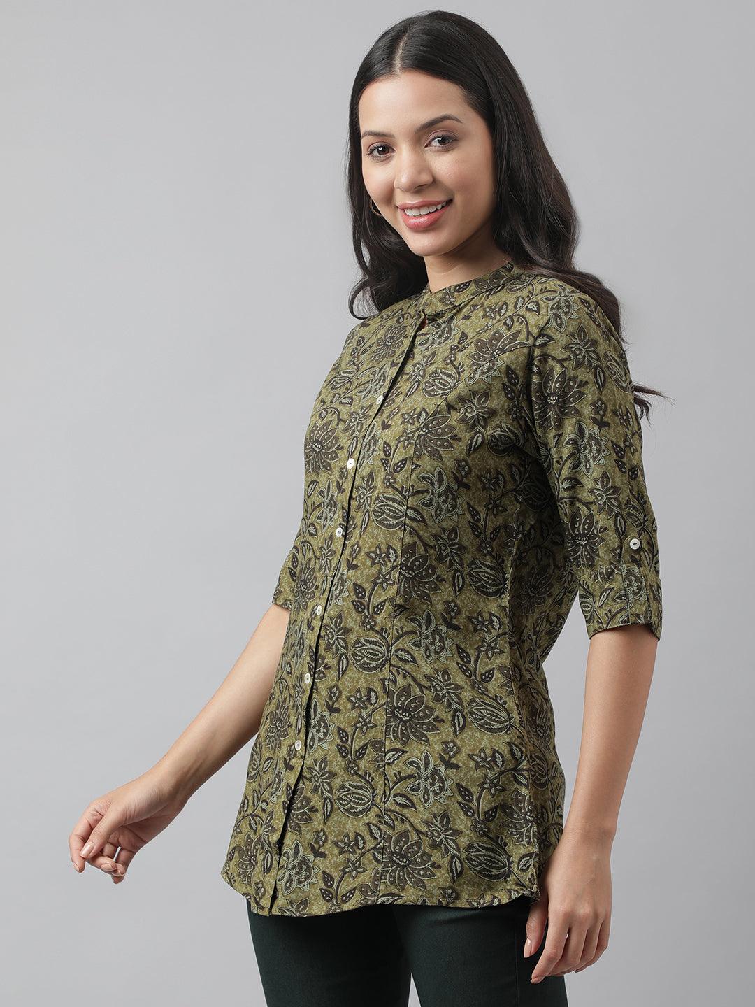 Olive Green Floral Printed Rayon A-Line Shirt Style Top | LASVINI - Redefining Indian Fashion with Elegance