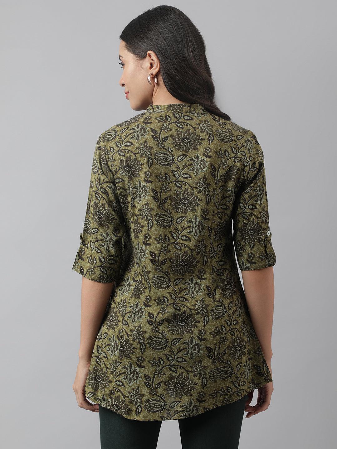 Olive Green Floral Printed Rayon A-Line Shirt Style Top | LASVINI - Redefining Indian Fashion with Elegance