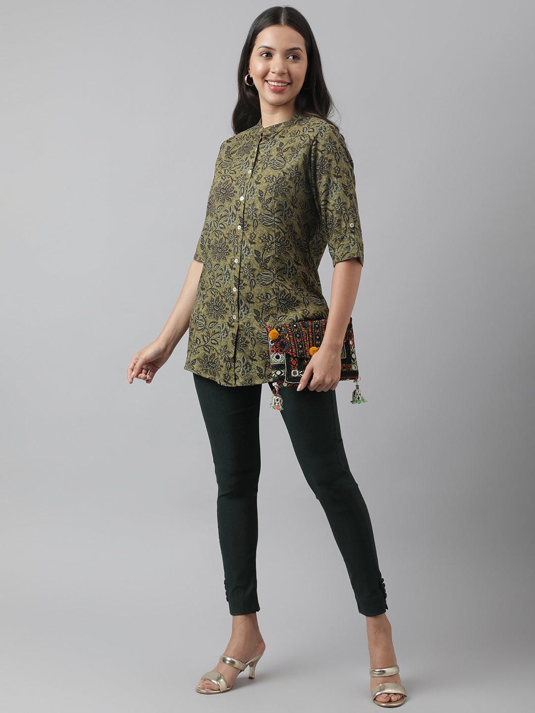 Olive Green Floral Printed Rayon A-Line Shirt Style Top | LASVINI - Redefining Indian Fashion with Elegance