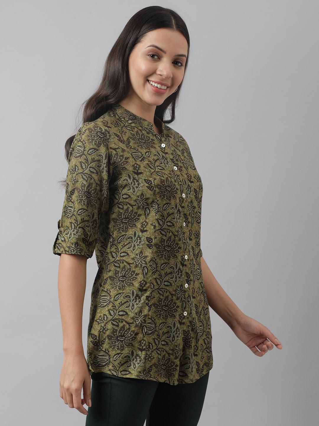 Olive Green Floral Printed Rayon A-Line Shirt Style Top | LASVINI - Redefining Indian Fashion with Elegance