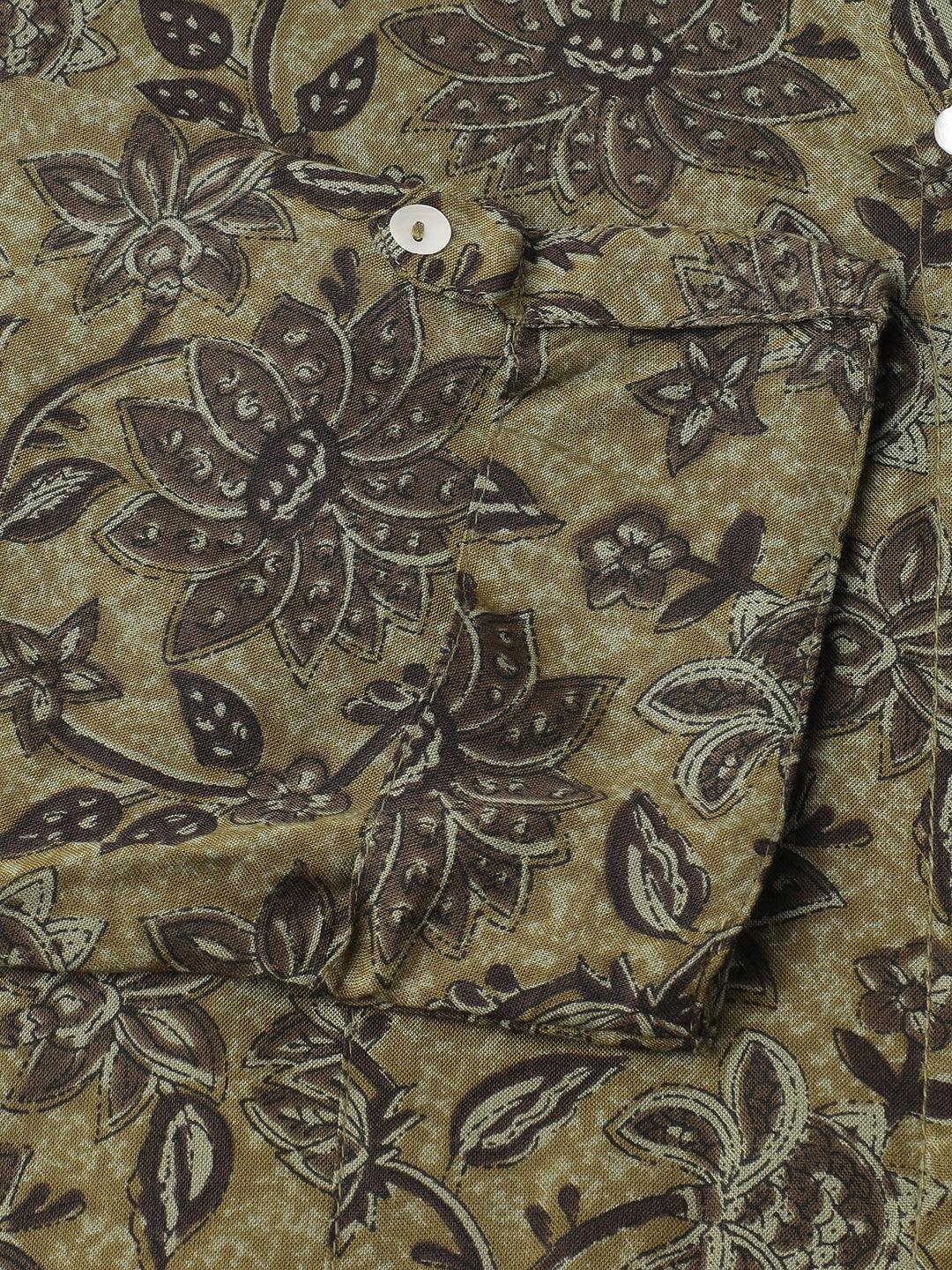 Olive Green Floral Printed Rayon A-Line Shirt Style Top | LASVINI - Redefining Indian Fashion with Elegance