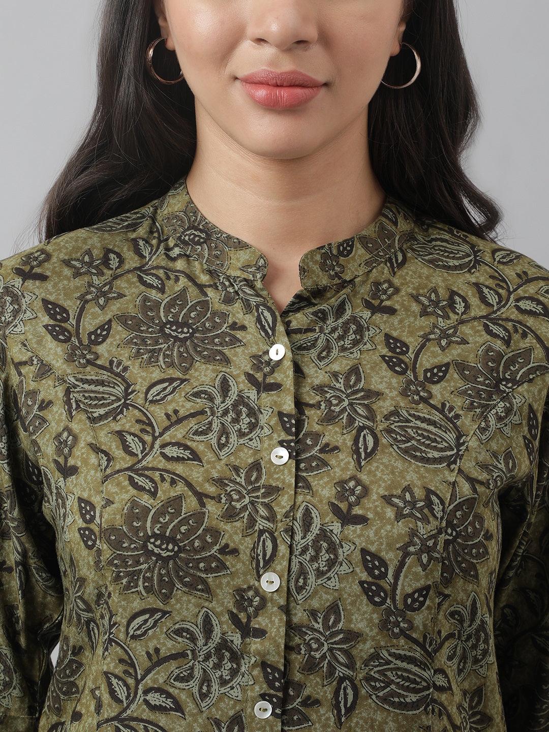 Olive Green Floral Printed Rayon A-Line Shirt Style Top | LASVINI - Redefining Indian Fashion with Elegance