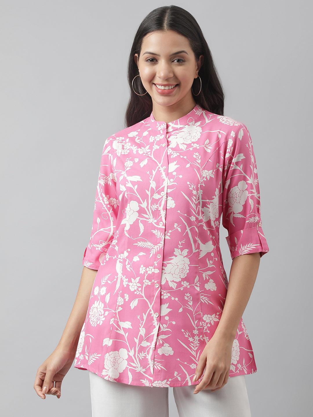 Light Pink Floral Printed Rayon A-Line Shirt Style Top | LASVINI - Redefining Indian Fashion with Elegance