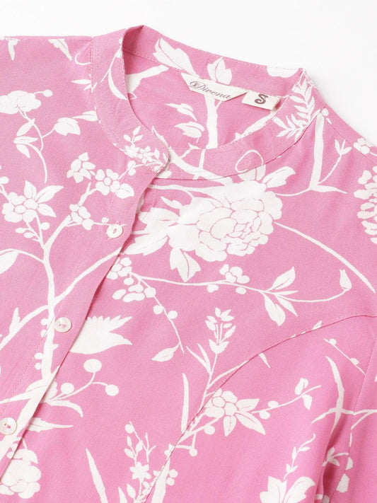 Light Pink Floral Printed Rayon A-Line Shirt Style Top | LASVINI - Redefining Indian Fashion with Elegance