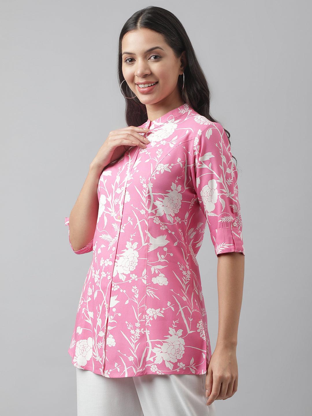 Light Pink Floral Printed Rayon A-Line Shirt Style Top | LASVINI - Redefining Indian Fashion with Elegance