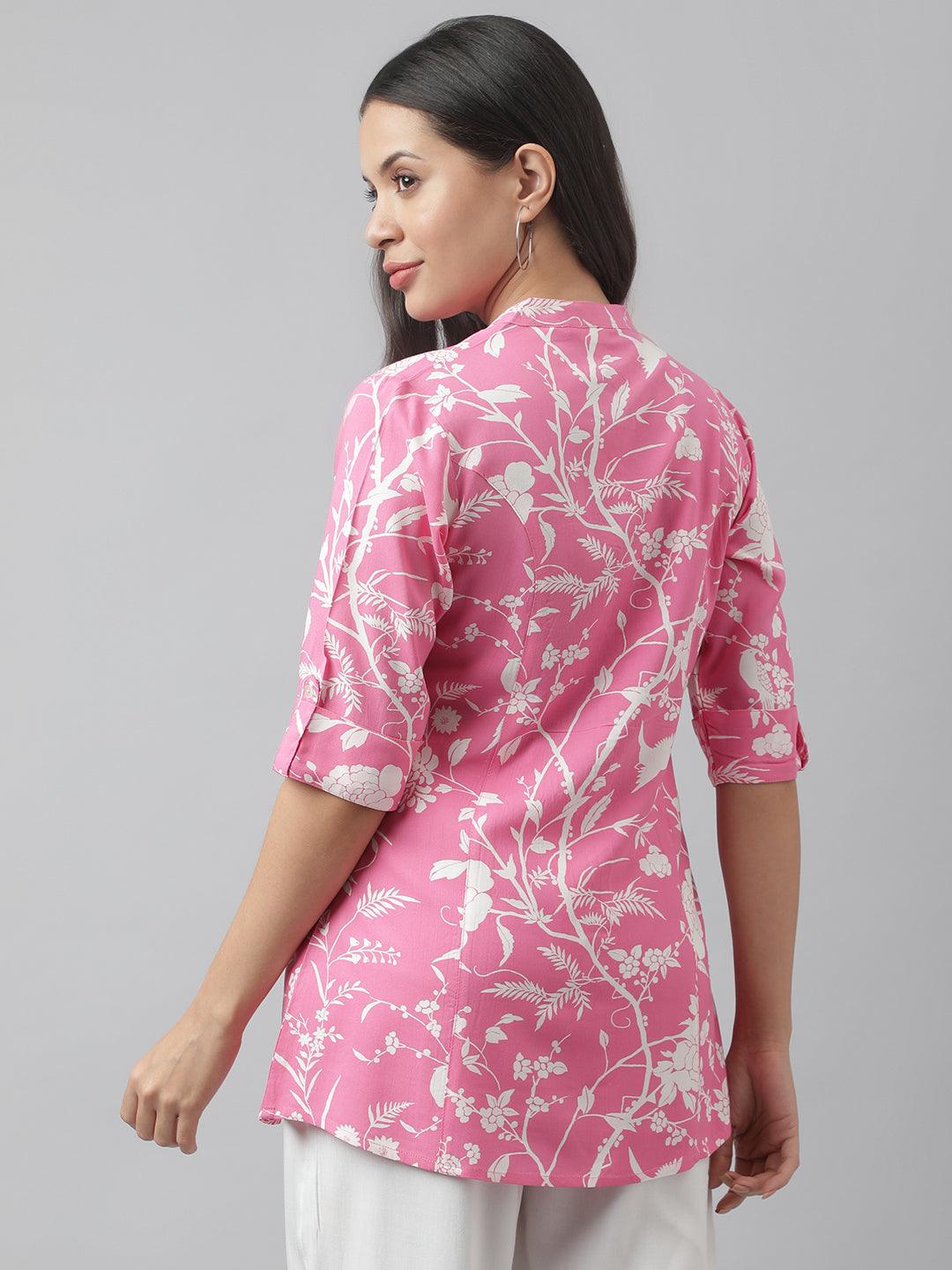 Light Pink Floral Printed Rayon A-Line Shirt Style Top | LASVINI - Redefining Indian Fashion with Elegance