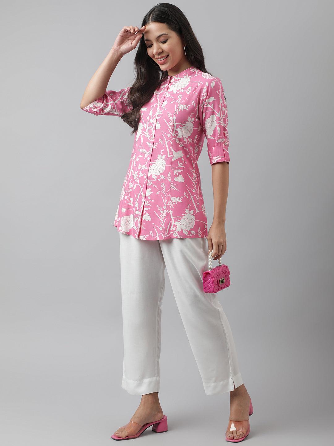 Light Pink Floral Printed Rayon A-Line Shirt Style Top | LASVINI - Redefining Indian Fashion with Elegance