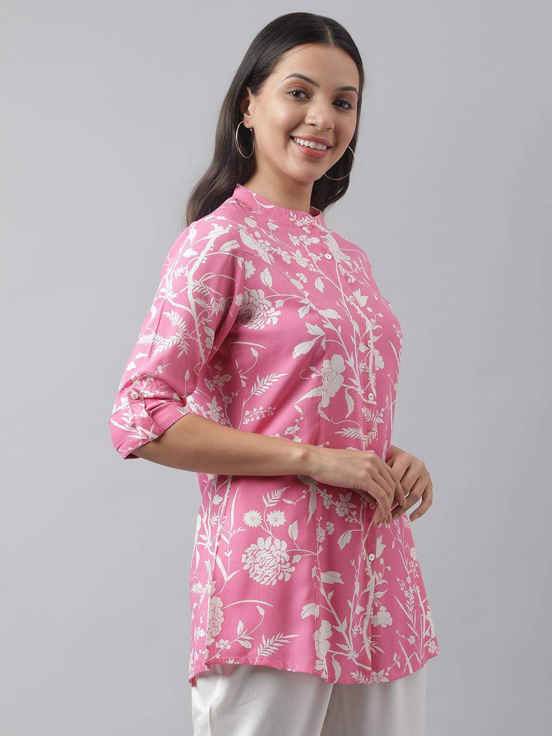 Light Pink Floral Printed Rayon A-Line Shirt Style Top | LASVINI - Redefining Indian Fashion with Elegance