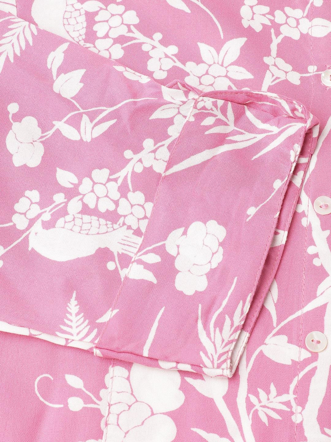 Light Pink Floral Printed Rayon A-Line Shirt Style Top | LASVINI - Redefining Indian Fashion with Elegance