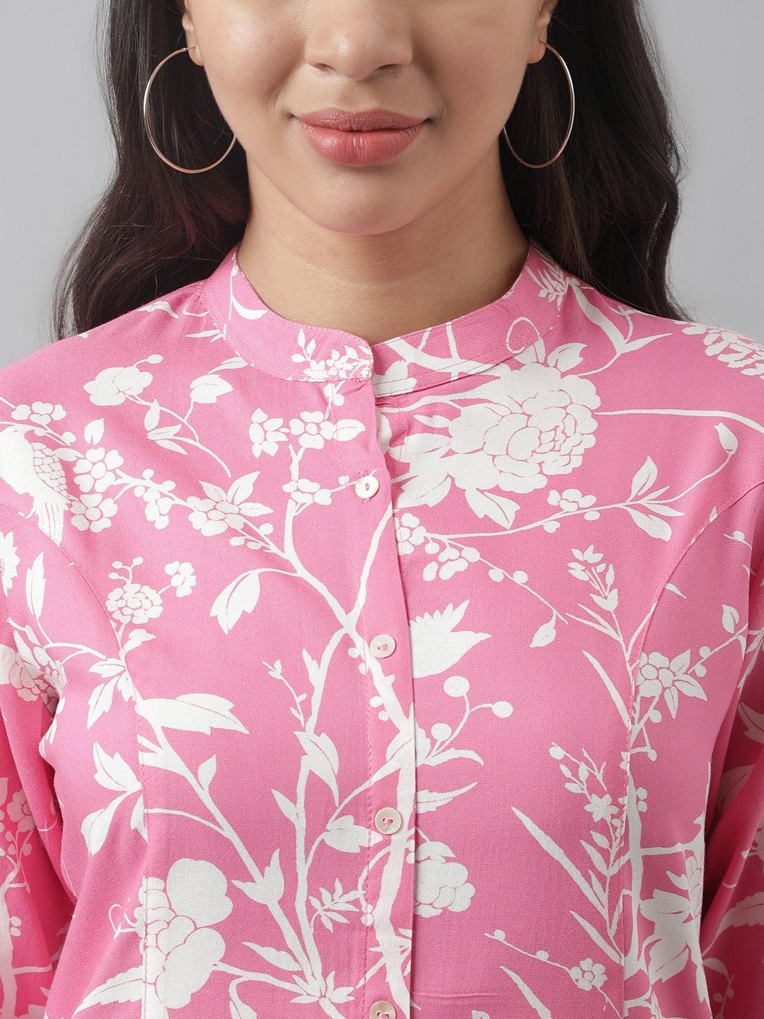 Light Pink Floral Printed Rayon A-Line Shirt Style Top | LASVINI - Redefining Indian Fashion with Elegance