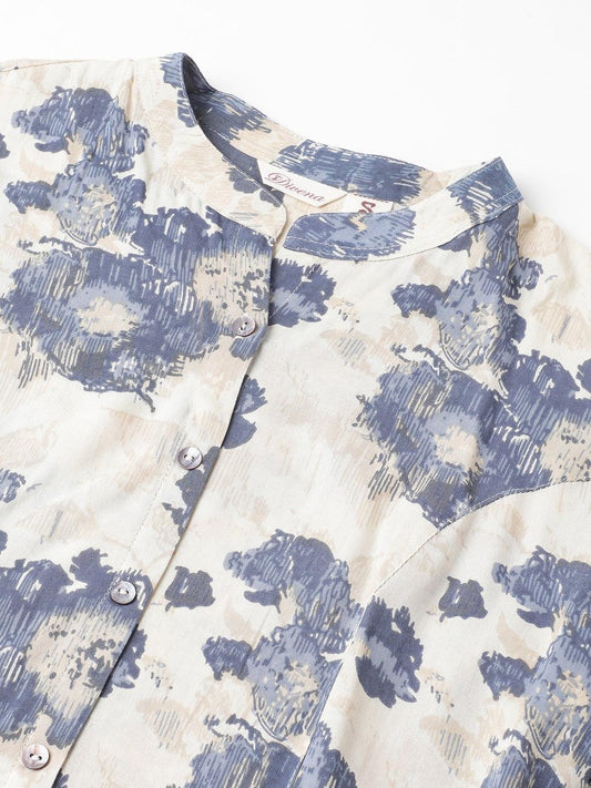 Cream Floral Printed Rayon A-Line Shirt Style Top | LASVINI - Redefining Indian Fashion with Elegance