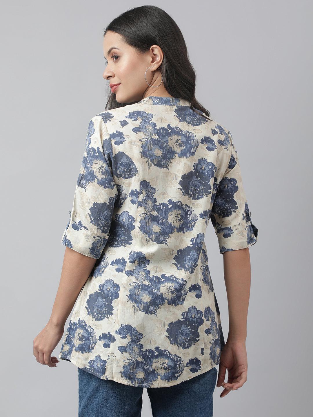 Cream Floral Printed Rayon A-Line Shirt Style Top | LASVINI - Redefining Indian Fashion with Elegance