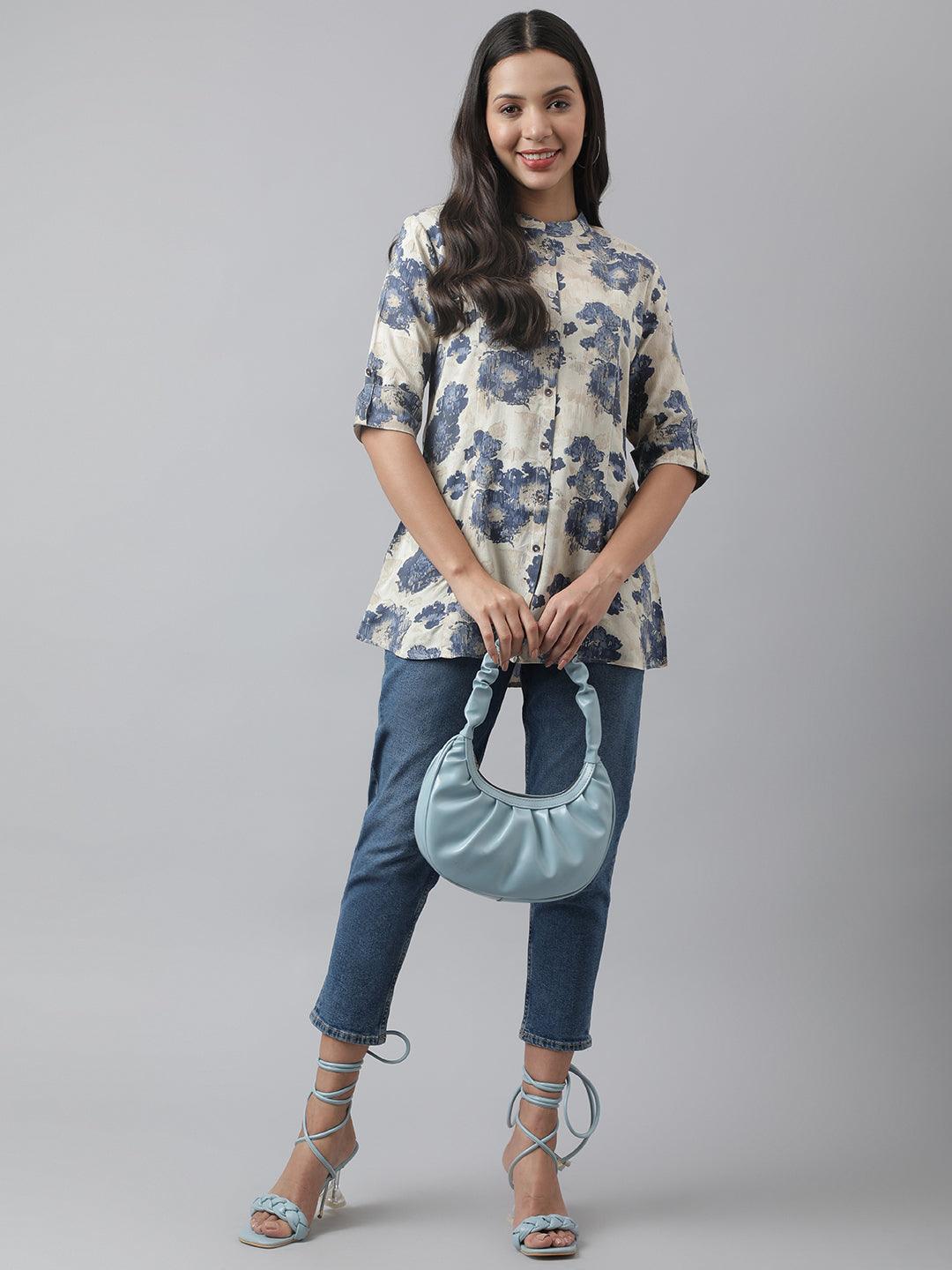 Cream Floral Printed Rayon A-Line Shirt Style Top | LASVINI - Redefining Indian Fashion with Elegance