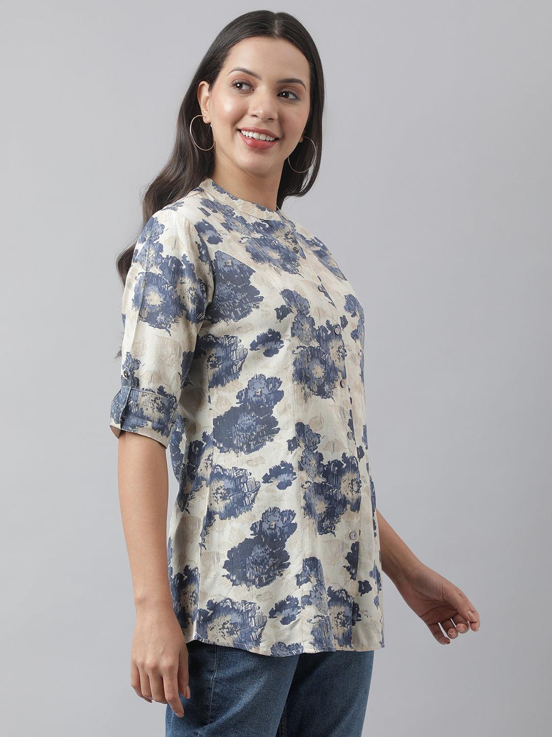Cream Floral Printed Rayon A-Line Shirt Style Top | LASVINI - Redefining Indian Fashion with Elegance