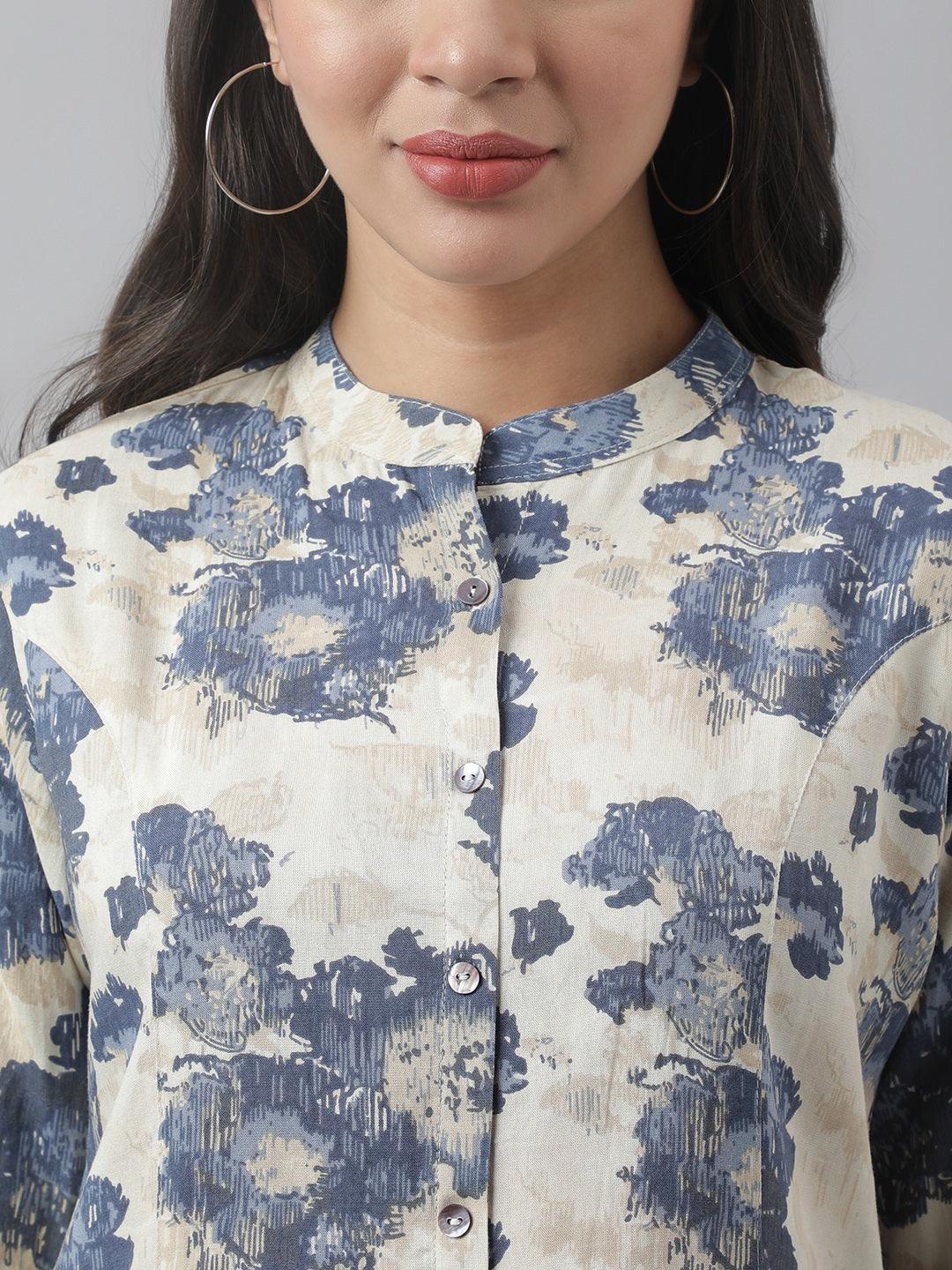 Cream Floral Printed Rayon A-Line Shirt Style Top | LASVINI - Redefining Indian Fashion with Elegance